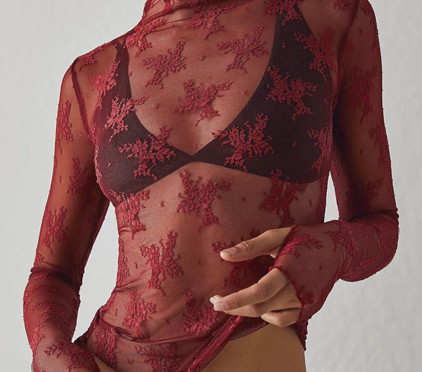 Lace Mock Neck Long Sleeve Blouse