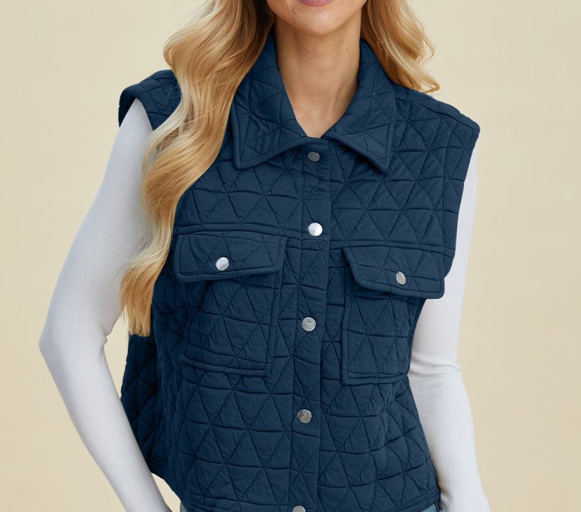 Double Take Full Size Pocketed Texture Snap Down Vest Coat