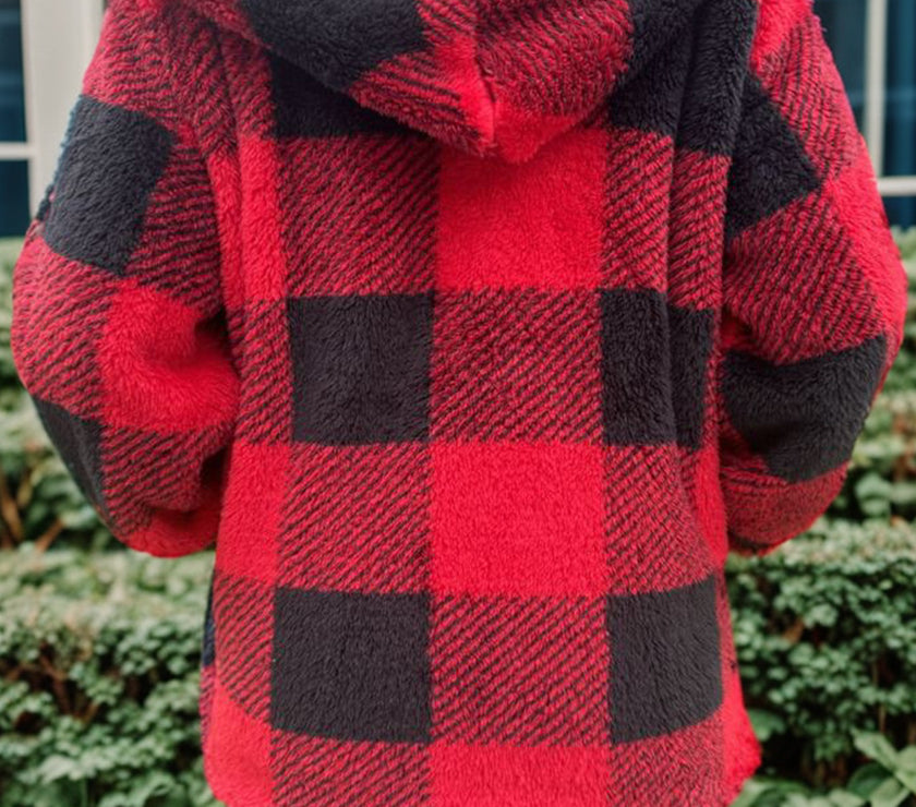 Double Take Full Size Plaid Long Sleeve Hooded Coat