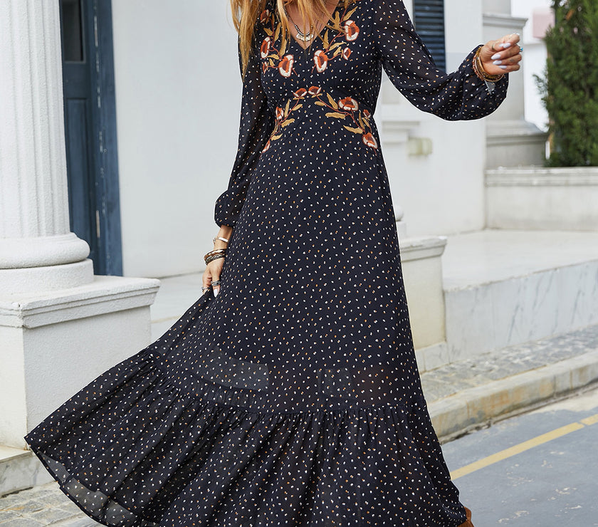 Embroidered V-Neck Long Sleeve Dress
