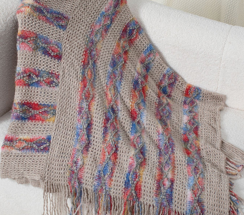 Fringe Contrast Hooded Poncho