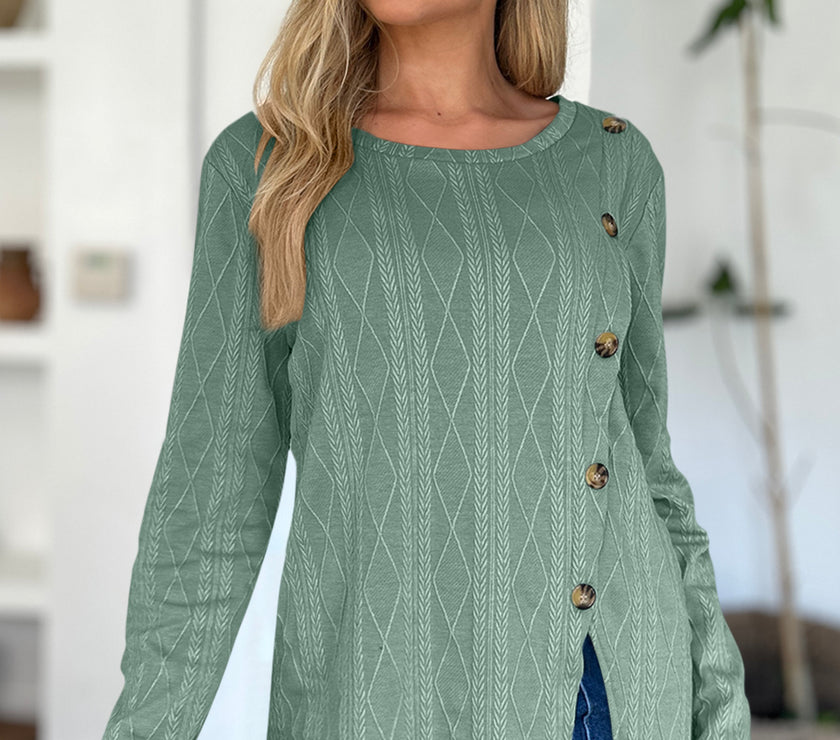 FAM-FAM Slit Round Neck Long Sleeve T-Shirt