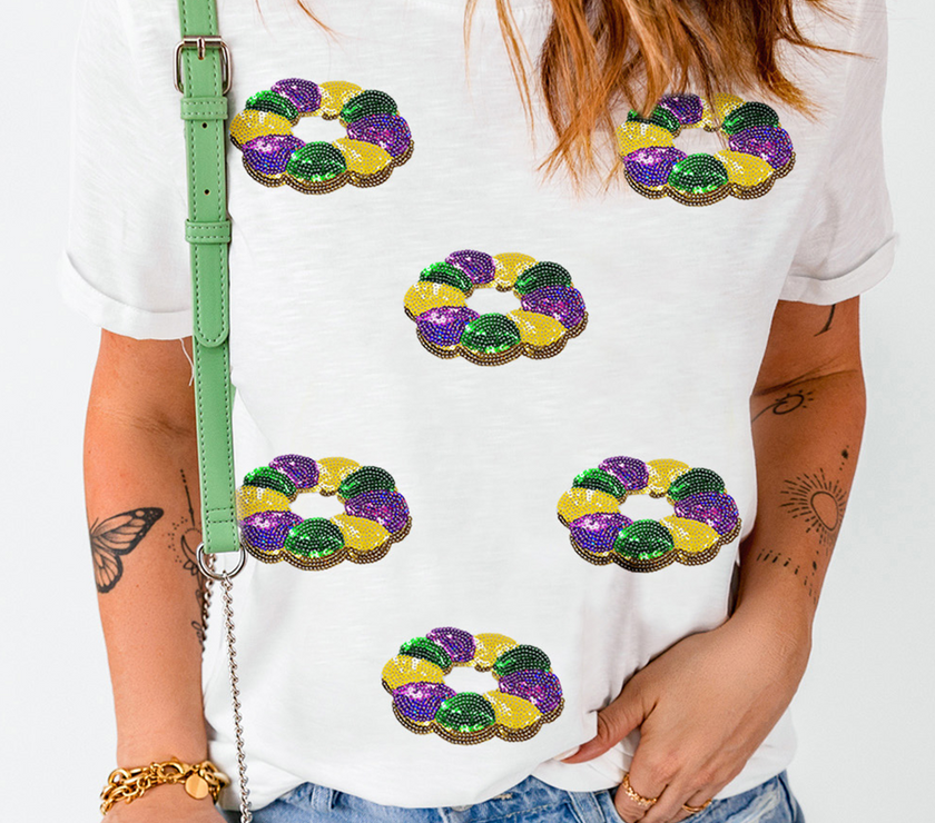 White Sequined Mardi Gras Pattern Crew Neck Short Sleeve Top