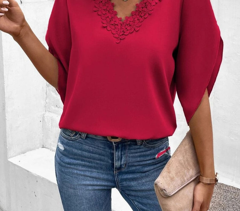Lace Detail V-Neck Half Sleeve Blouse