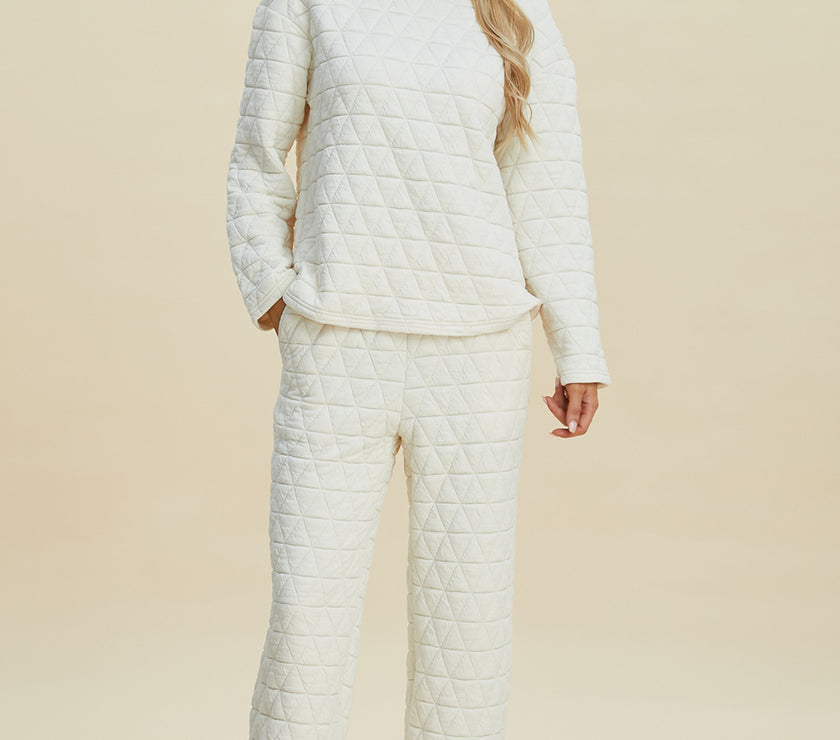 Double Take Full Size Texture Round Neck Long Sleeve Top and Pants Set