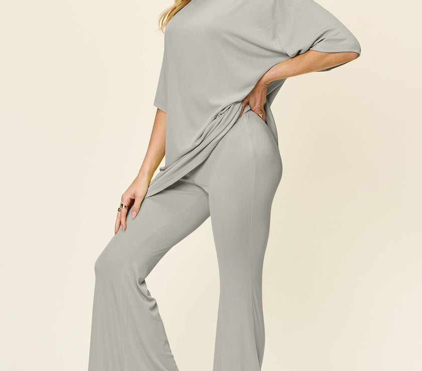 Double Take Full Size Round Neck Drop Shoulder T-Shirt and Flare Pants Set