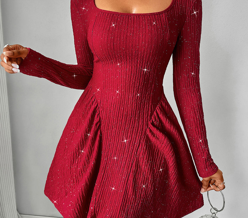Backless Glitter Square Neck Long Sleeve Mini Dress