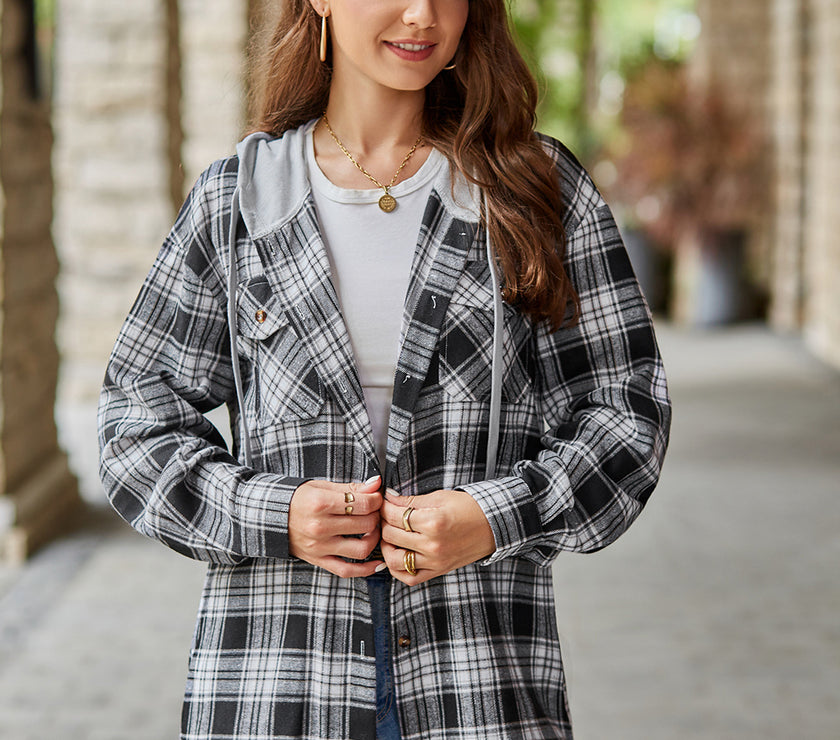 Mandy Plaid Long Sleeve Hooded Jacket