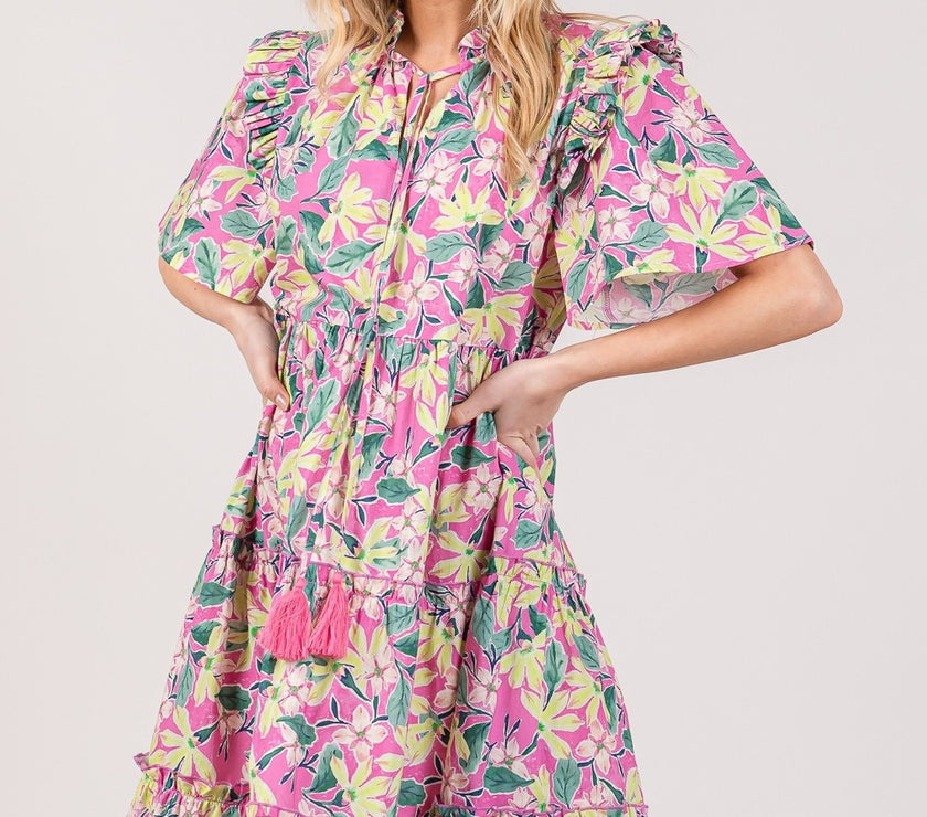 SAGE + FIG Floral Ruffle Short Sleeve Dress