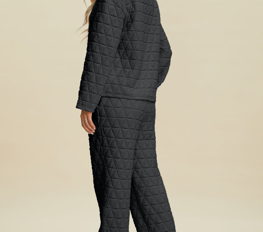 Double Take Full Size Texture Round Neck Long Sleeve Top and Pants Set