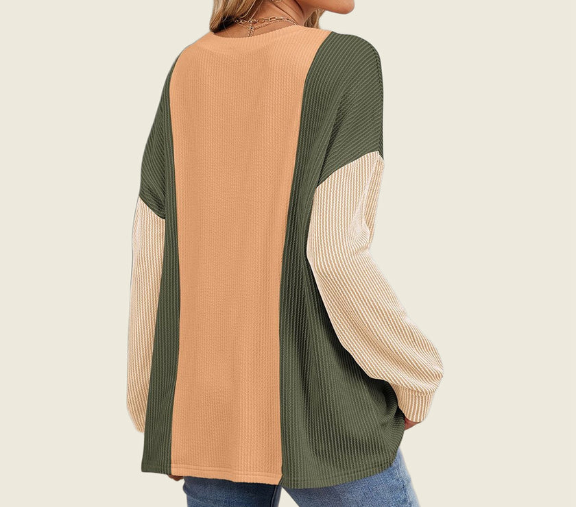 Double Take Texture Contrast Round Neck Long Sleeve T-Shirt