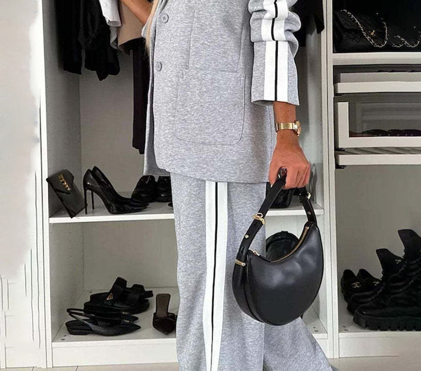 Full Size Contrast Lapel Collar Top and Pants Set