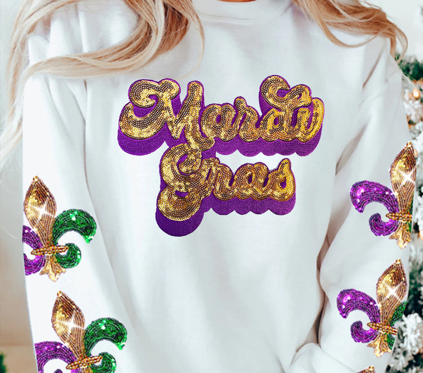 Beige Sequin Mardi Gras Patched Pattern Fleur de Lis Sleeve Sweatshirt