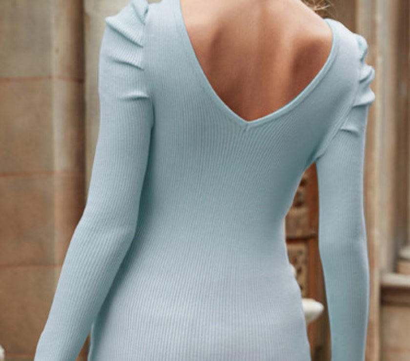 Ribbed V-Neck Puff Sleeve Sweater