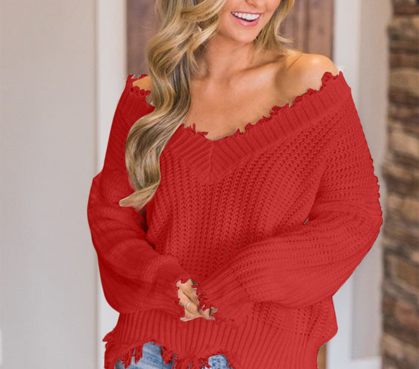 Frayed Hem Dropped Shoulder Sweater