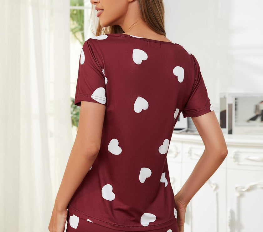 Heart Round Neck Top and Shorts Lounge Set