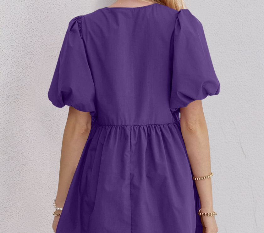 Oh Bow Ruched Puff Sleeve Mini Dress