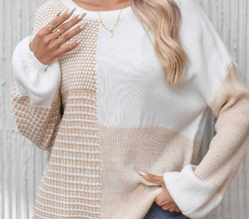 Contrast Round Neck Long Sleeve Sweater