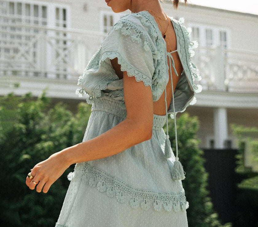 Lace Detail Plunge Short Sleeve Mini Dress