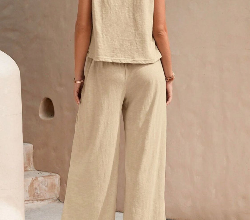 Round Neck Sleeveless Top and Wide Leg Pants Set