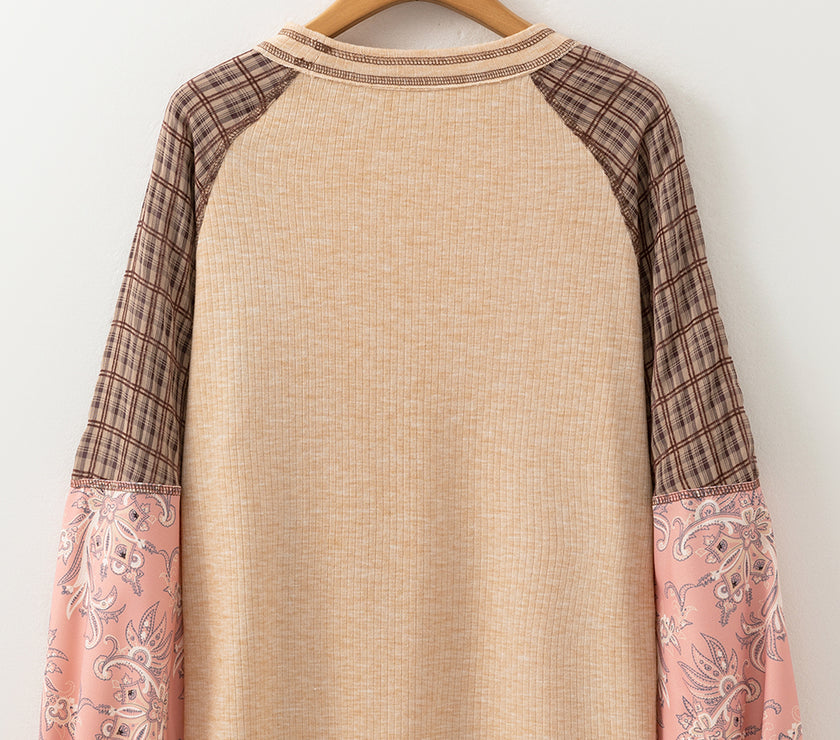 Plaid Floral Patchwork Round Neck Long Sleeve Top