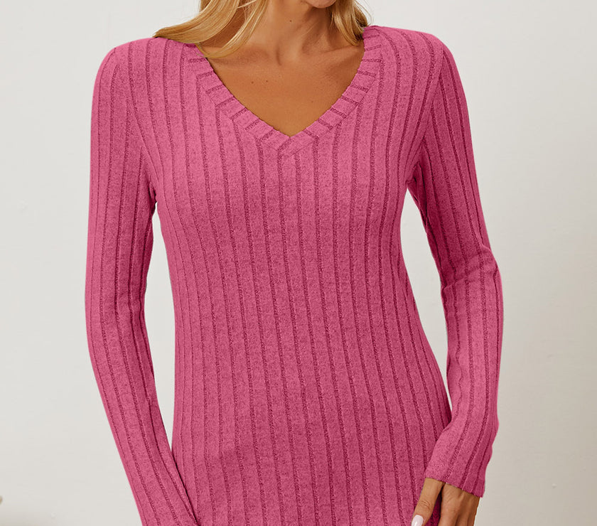 Basic Bae Full Size Ribbed V-Neck Long Sleeve T-Shirt