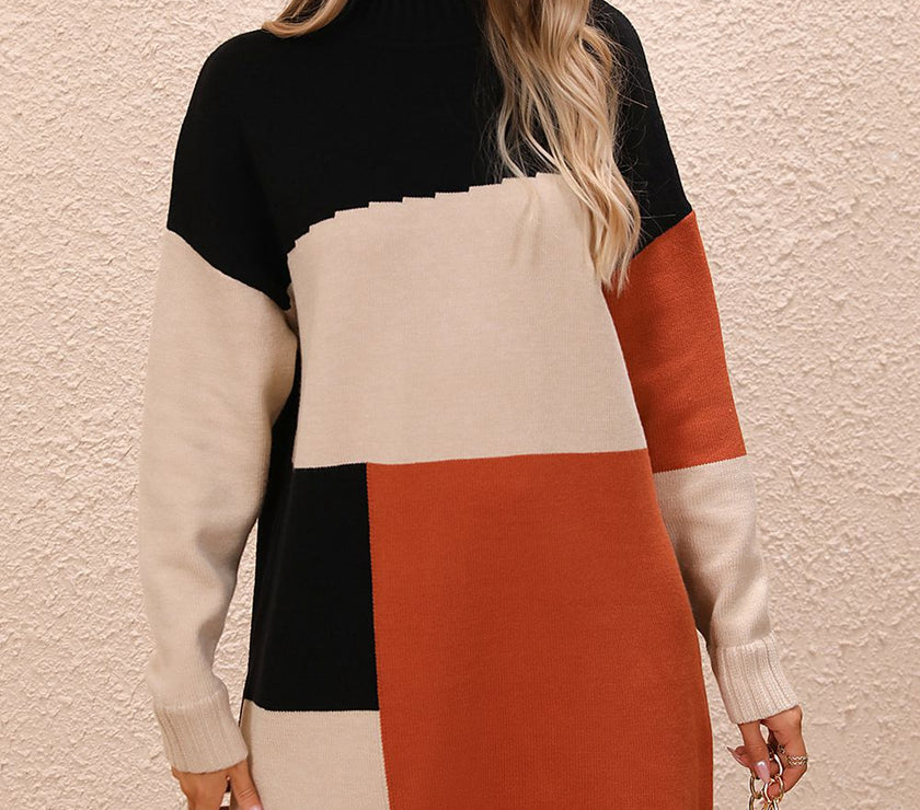 Color Block Mock Neck Dropped Shoulder Sweater Dress