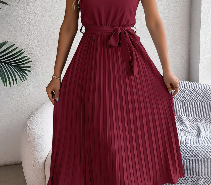 Pleated Tie Waist Sleeveless Midi Dress
