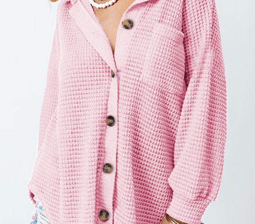 Waffle-Knit Collared Neck Long Sleeve Shirt