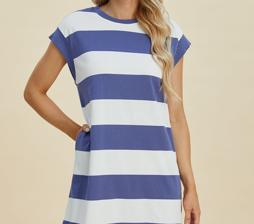 Basic Bae Full Size Striped Round Neck Cap Sleeve Mini Dress