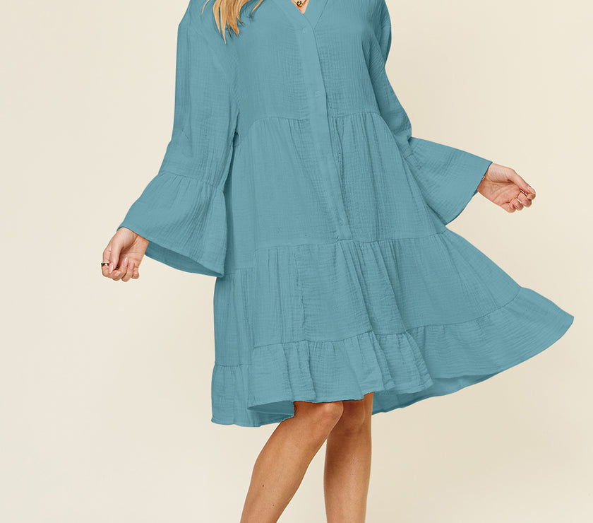 Double Take Full Size Texture Button Up Ruffle Hem Dress