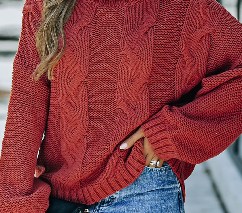 Cable-Knit Turtleneck Dropped Shoulder Sweater