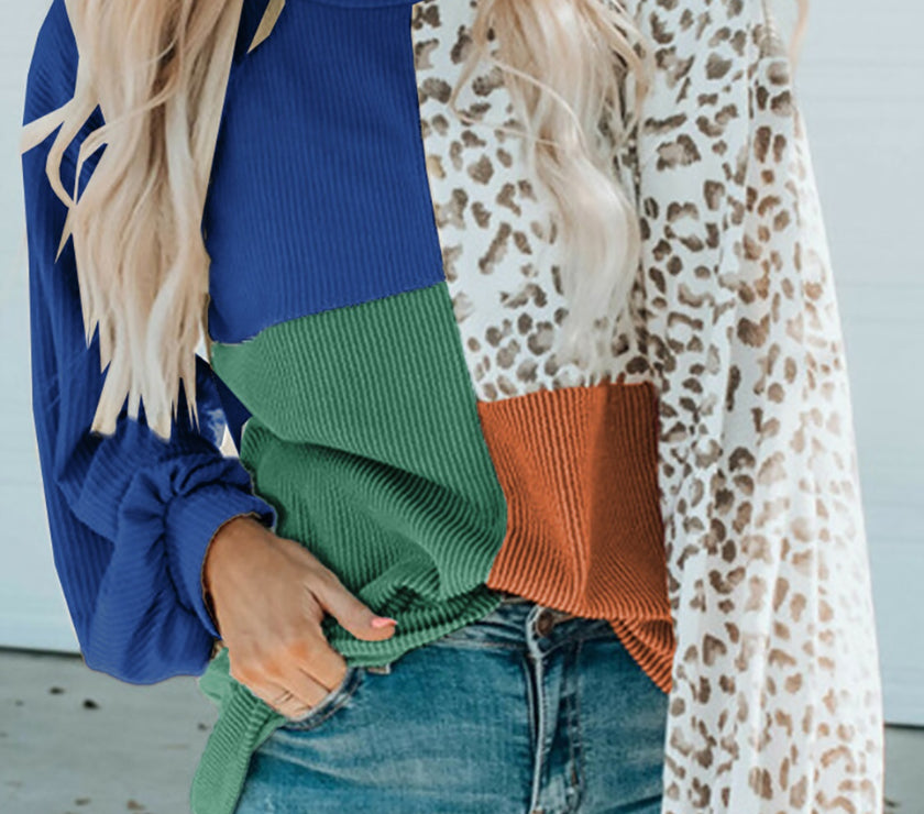 Color Block Leopard Round Neck Sweatshirt