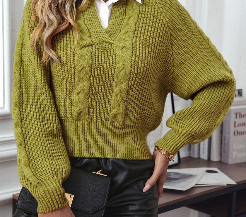 Cable-Knit Collared Neck Faux Layered Sweater