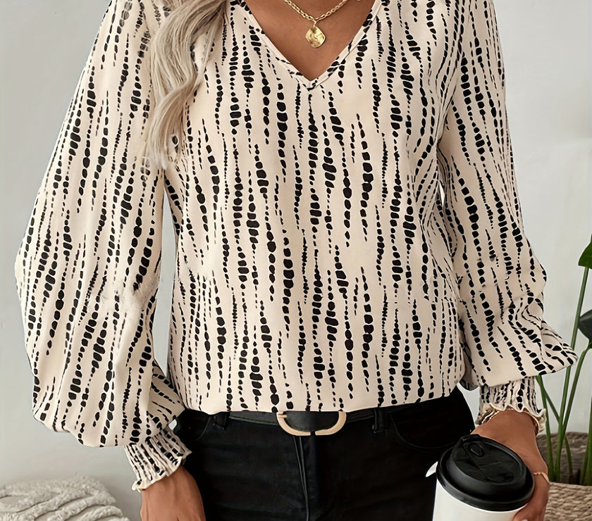 Printed V-Neck Lantern Sleeve Blouse