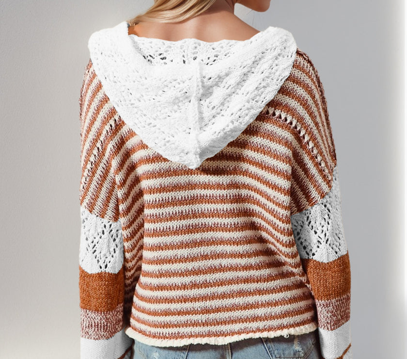 Double Take Full Size Openwork Contrast Long Sleeve Hooded Sweater