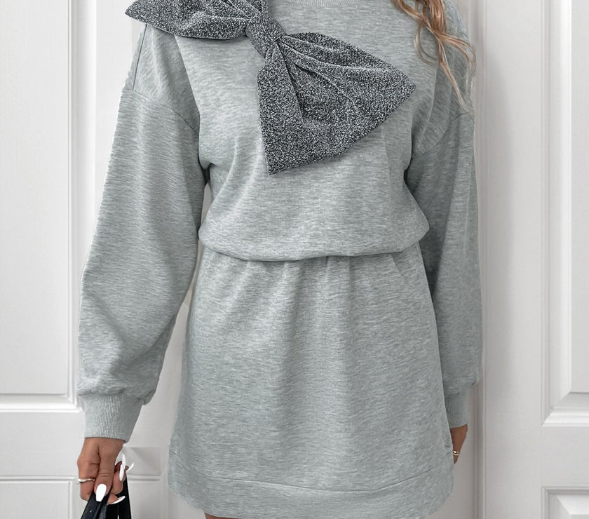 Perfee Bow Dropped Shoulder Long Sleeve Mini Dress