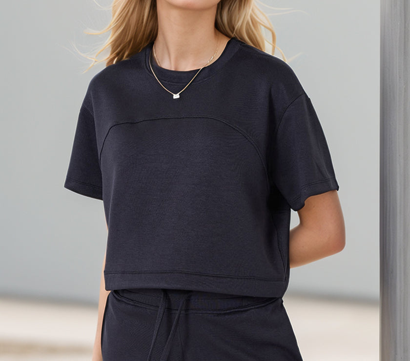 Basic Bae Drawstring Hem Air Scuba Round Neck Short Sleeve T-Shirt