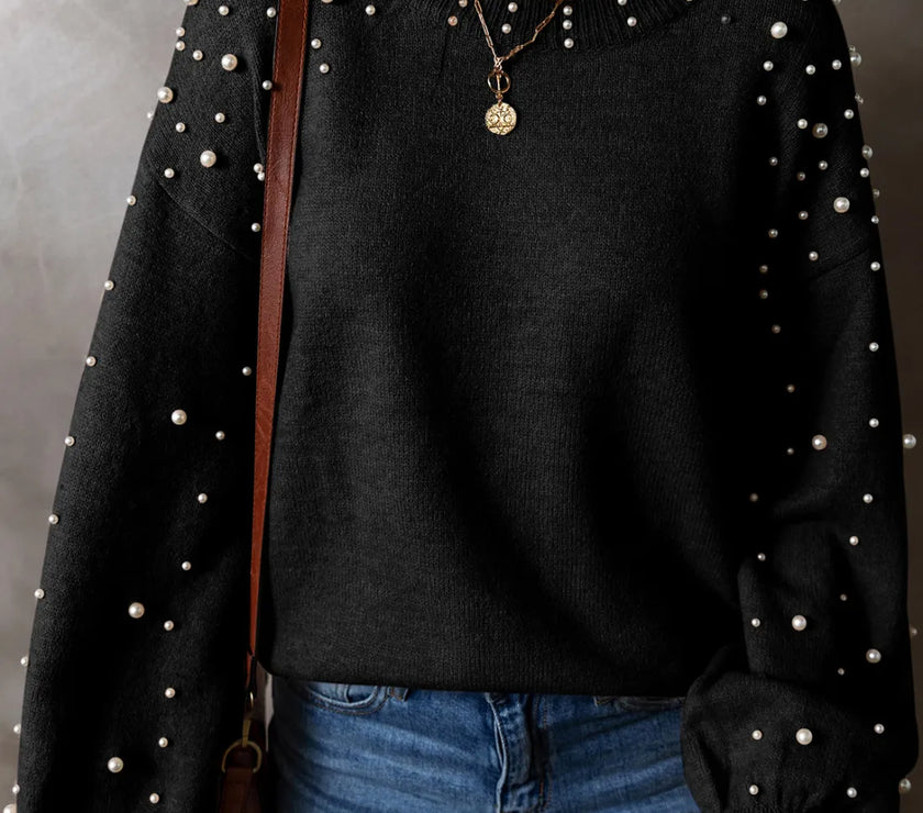 Pearl Detail Round Neck Long Sleeve Sweater