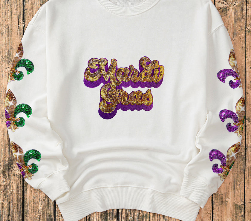 Beige Sequin Mardi Gras Patched Pattern Fleur de Lis Sleeve Sweatshirt