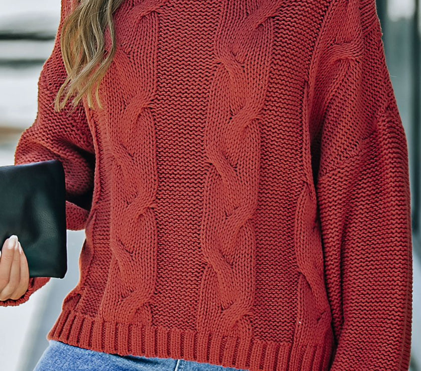 Cable-Knit Turtleneck Dropped Shoulder Sweater