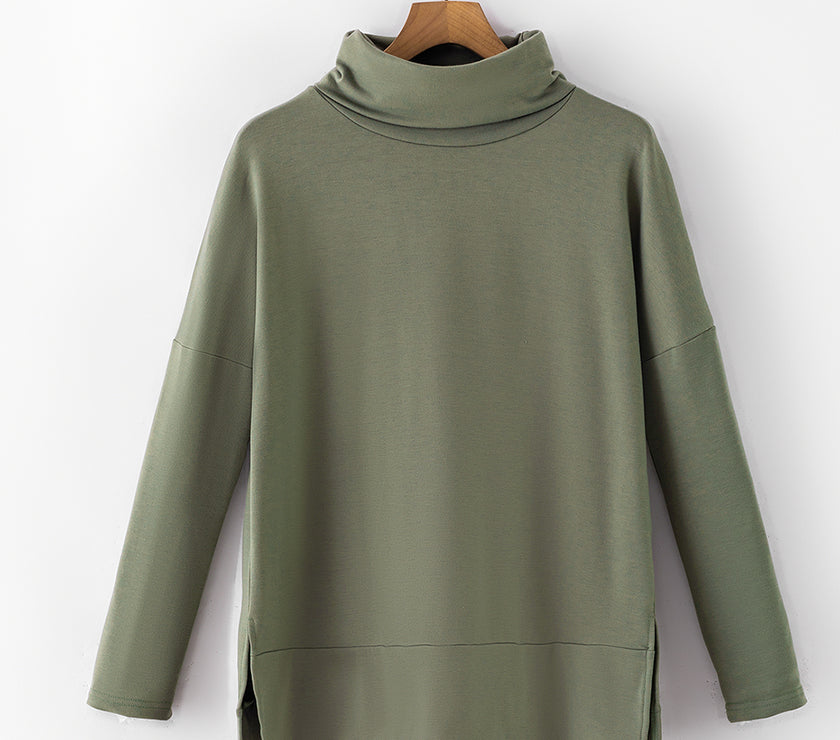 Side Slit High-Low Cowl Neck Long Sleeve Blouse