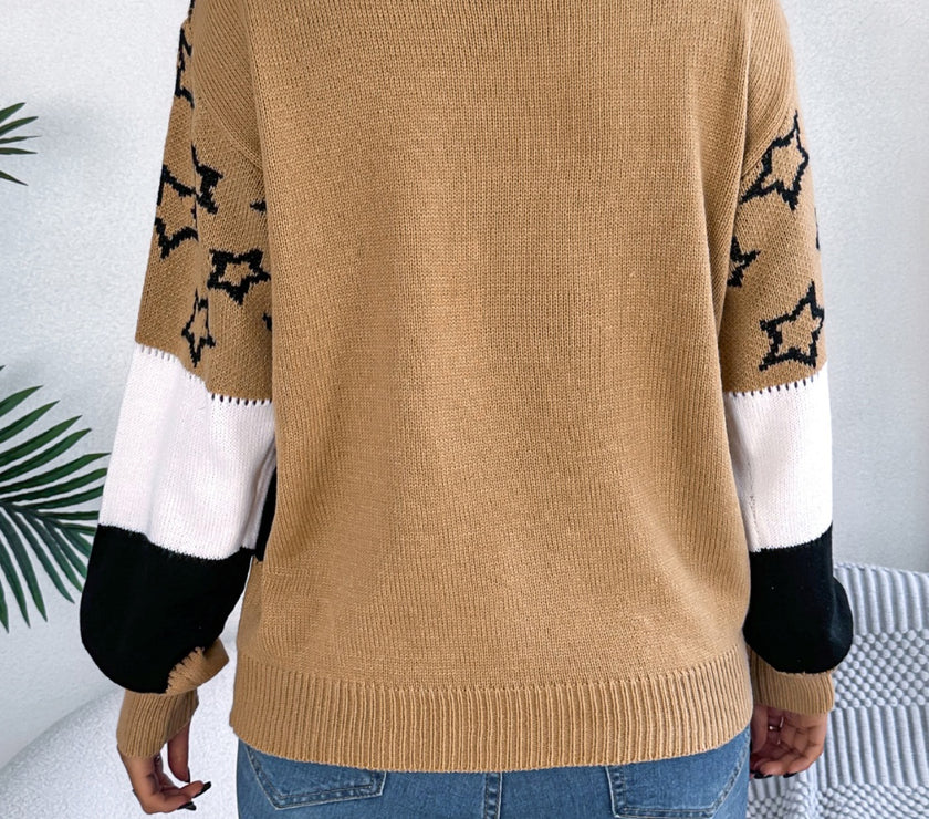 Star Contrast Round Neck Sweater