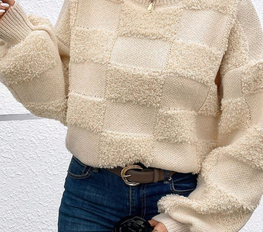 Checkered Round Neck Dropped Shoulder Sweater