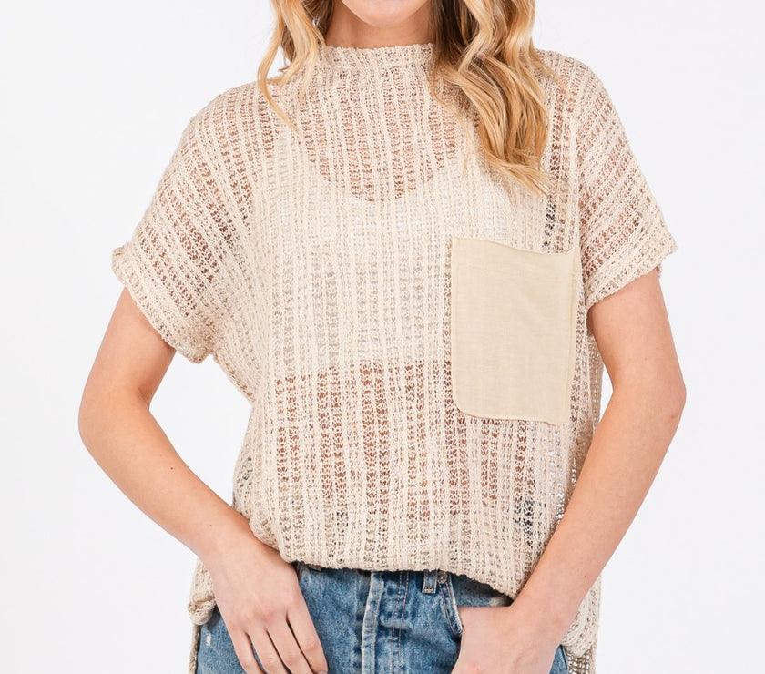 Ces Femme See Through Crochet Mock Neck Cover Up