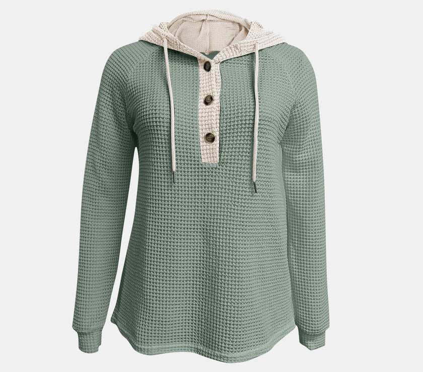 Full Size Waffle-Knit Contrast Long Sleeve Hoodie