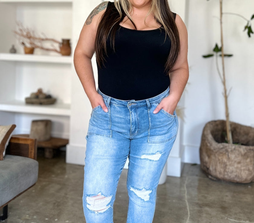 Judy Blue Full Size Distressed Straight Jeans with Patch Pockets