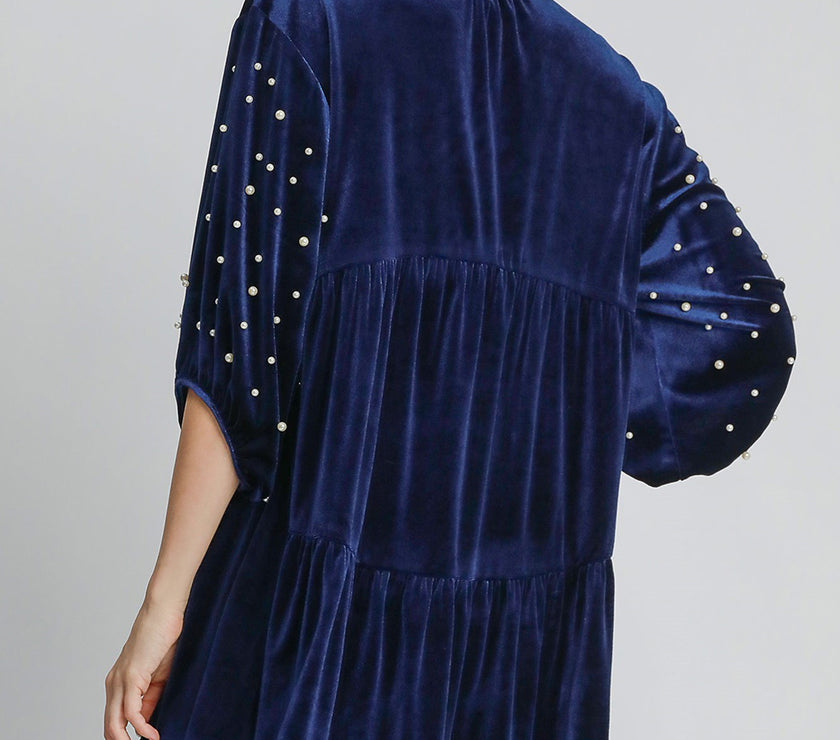 Umgee Pearl Detail Collared Neck Velvet Babydoll Blouse