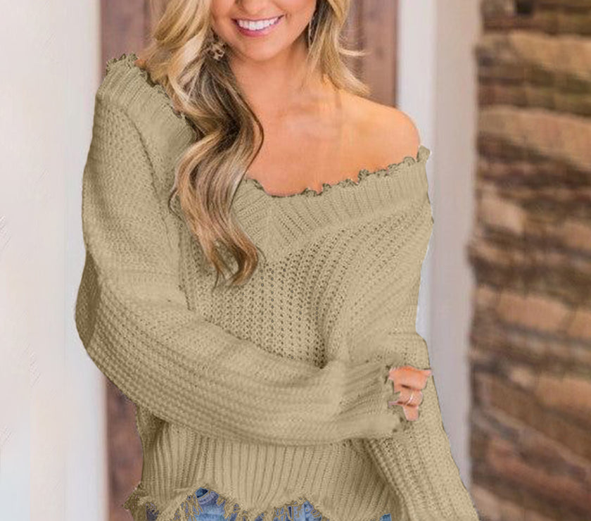 Frayed Hem Dropped Shoulder Sweater