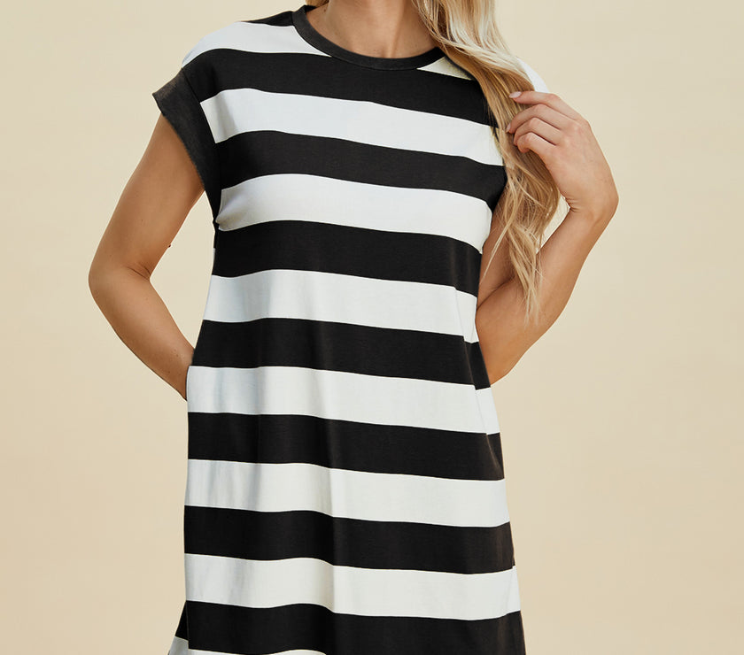 Basic Bae Full Size Striped Round Neck Cap Sleeve Mini Dress